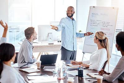 Buy stock photo Presentation, question and whiteboard with a business man in the office and talking to team about our vision. Meeting, teaching and information with an african american male speaker giving a workshop