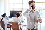 Happy businessman, phone call and meeting in conversation for team communication at the office. Male worker talking with smile on mobile smartphone for corporate discussion in boardroom at workplace