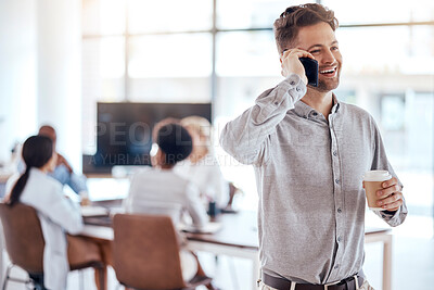 Buy stock photo Happy businessman, phone call and meeting in conversation for team communication at the office. Male worker talking with smile on mobile smartphone for corporate discussion in boardroom at workplace