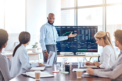 Buy stock photo Black man, trading coach and screen with stock market dashboard, meeting with business people and trader training. Cryptocurrency, finance with stocks information and presentation in conference room