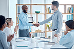 Business people, applause and handshake for partnership, deal or collaboration. Welcome, clapping and group of employees shaking hands for agreement, b2b or congratulations, opportunity and meeting.