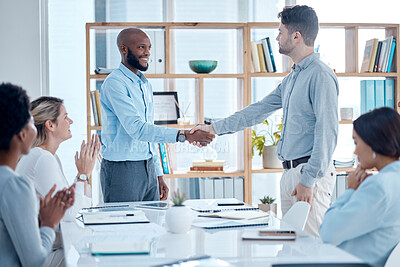 Buy stock photo Business people, applause and handshake for partnership, deal or collaboration. Welcome, clapping and group of employees shaking hands for agreement, b2b or congratulations, opportunity and meeting.