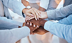 Business people, hands stack and solidarity for collaboration, team building or trust. Teamwork, huddle and group or staff of men and women with hand together for community, unity and support bokeh.