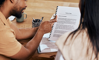 Buy stock photo Business people, hands and pointing to policy document, contract or terms and conditions at the office. Hand of businessman showing legal paperwork, agreement or form for application or information