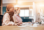 Computer, office and happy muslim woman coworking, planning and online business or startup company.  Diversity people, hijab employee or staff for digital research, technology review and desktop pc