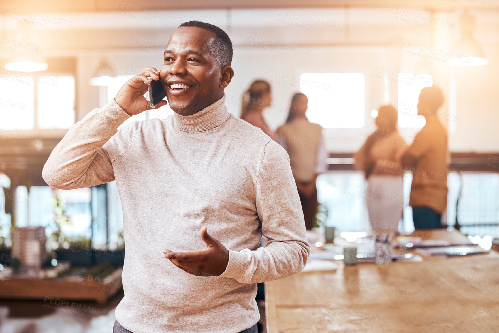 Buy stock photo Business, happy black man and phone call on smartphone in busy office for communication, networking and contact. Male manager talking on cellphone for conversation, mobile consulting and discussion