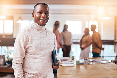 Buy stock photo Business, portrait and happy black man in busy office for management, motivation and commitment to company. Male manager, leadership and smile with confidence, happiness and entrepreneur in agency