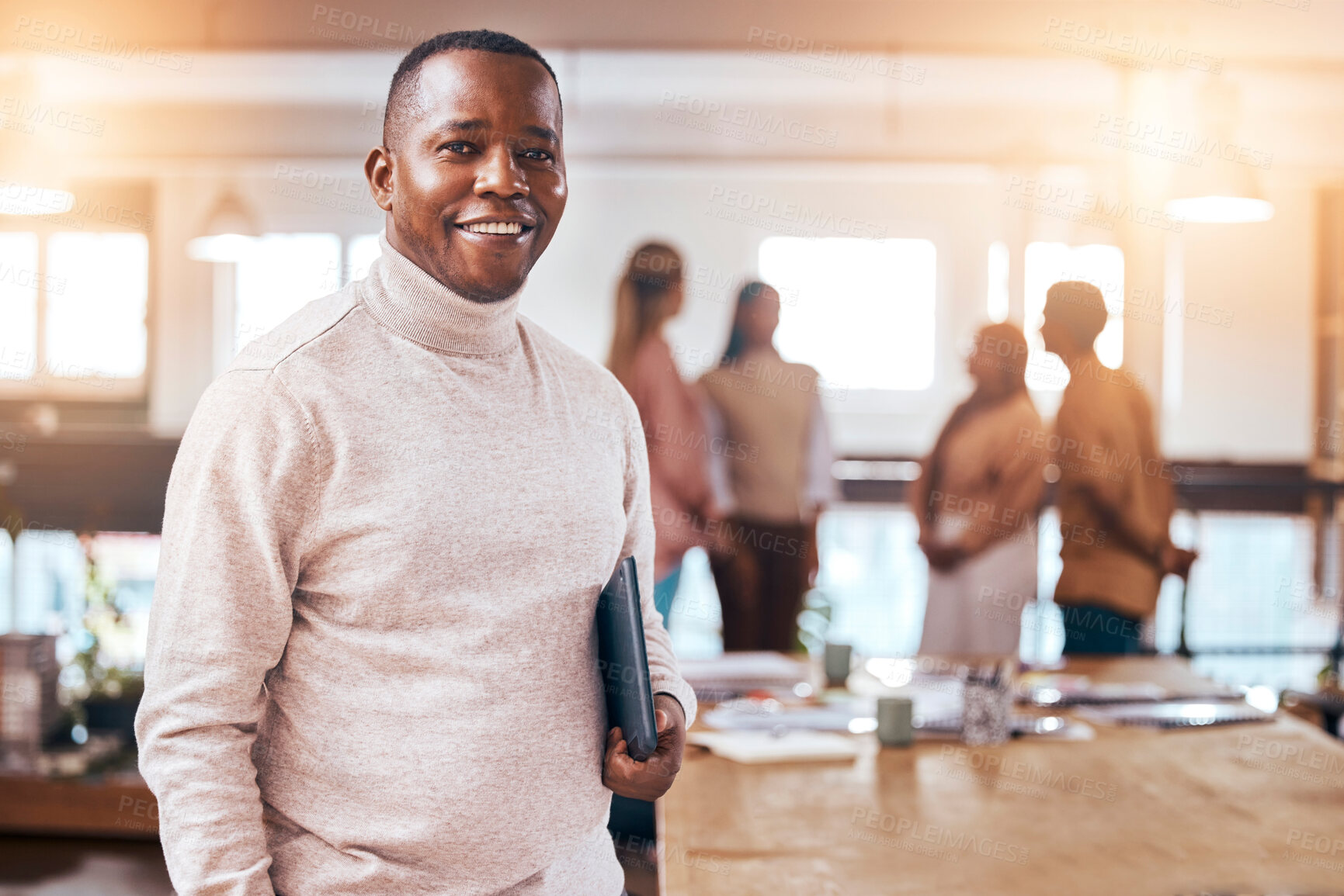 Buy stock photo Business, portrait and happy black man in busy office for management, motivation and commitment to company. Male manager, leadership and smile with confidence, happiness and entrepreneur in agency
