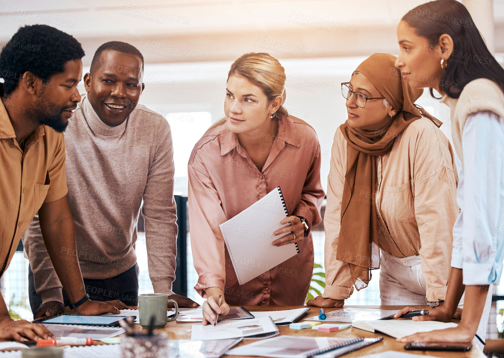 Buy stock photo Planning, teamwork and business people collaboration, talking ideas and brainstorming with documents for meeting. Diversity employees, women and men agenda, strategy and listening to startup manager