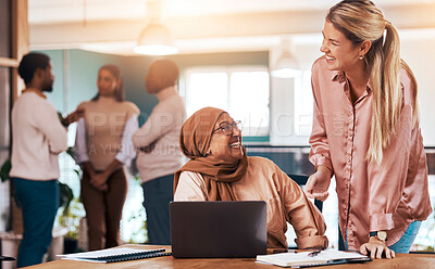 Buy stock photo Business people, laptop and happy mentor talking to muslim woman at office desk for motivation. Entrepreneur women laugh in office for discussion about coaching, management and planning or training