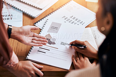 Buy stock photo Report, talking and hands of business people in a meeting for a strategy, company growth and a deal. Advice, speaking and employees with communication about a document for agency sales at work