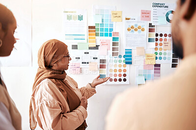 Buy stock photo Planning, collaboration and presentation with a business muslim woman talking to her team in the office. Creative, strategy and teamwork with a female manager teaching or coaching an employee group