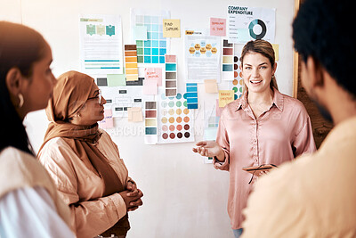 Buy stock photo Planning, collaboration and presentation with a business woman talking to her team in the company office. Creative, strategy and teamwork with a female manager teaching or coaching an employee group