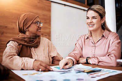 Buy stock photo Diversity, Islamic and business women working on data paperwork together planning startup company strategy. Happy, employees and creative mentor manager in collaboration with Muslim colleague