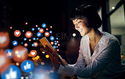 Buy stock photo Night, social media icons or happy woman with a tablet for communication, texting or online dating. Smile, love overlay or relaxed girl typing on chat website or digital network with heart emoticons