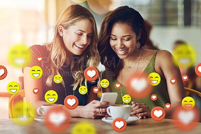 Buy stock photo Coffee shop, social media icon or friends with phone for communication, text or online dating chat. Cafe, diversity or happy people on mobile app or digital network with smile, like or heart emoji 