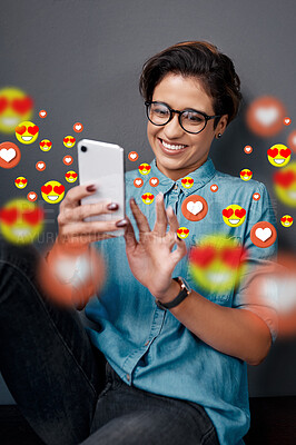 Buy stock photo Smile, love emoji or happy woman with a phone for communication, social media texting or online dating. Graphic overlay or relaxed girl on mobile app website or digital network with heart emoticons