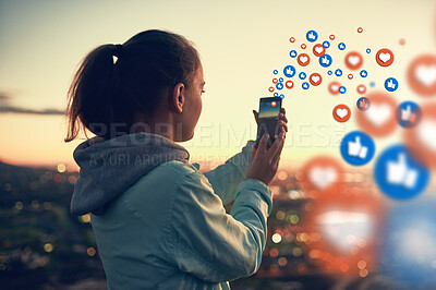 Buy stock photo Social media emoticons, sunset or woman taking a photo of view for photography content or online post. Nature, icon overlay or girl on mobile app, website or network with love, like or heart emoji