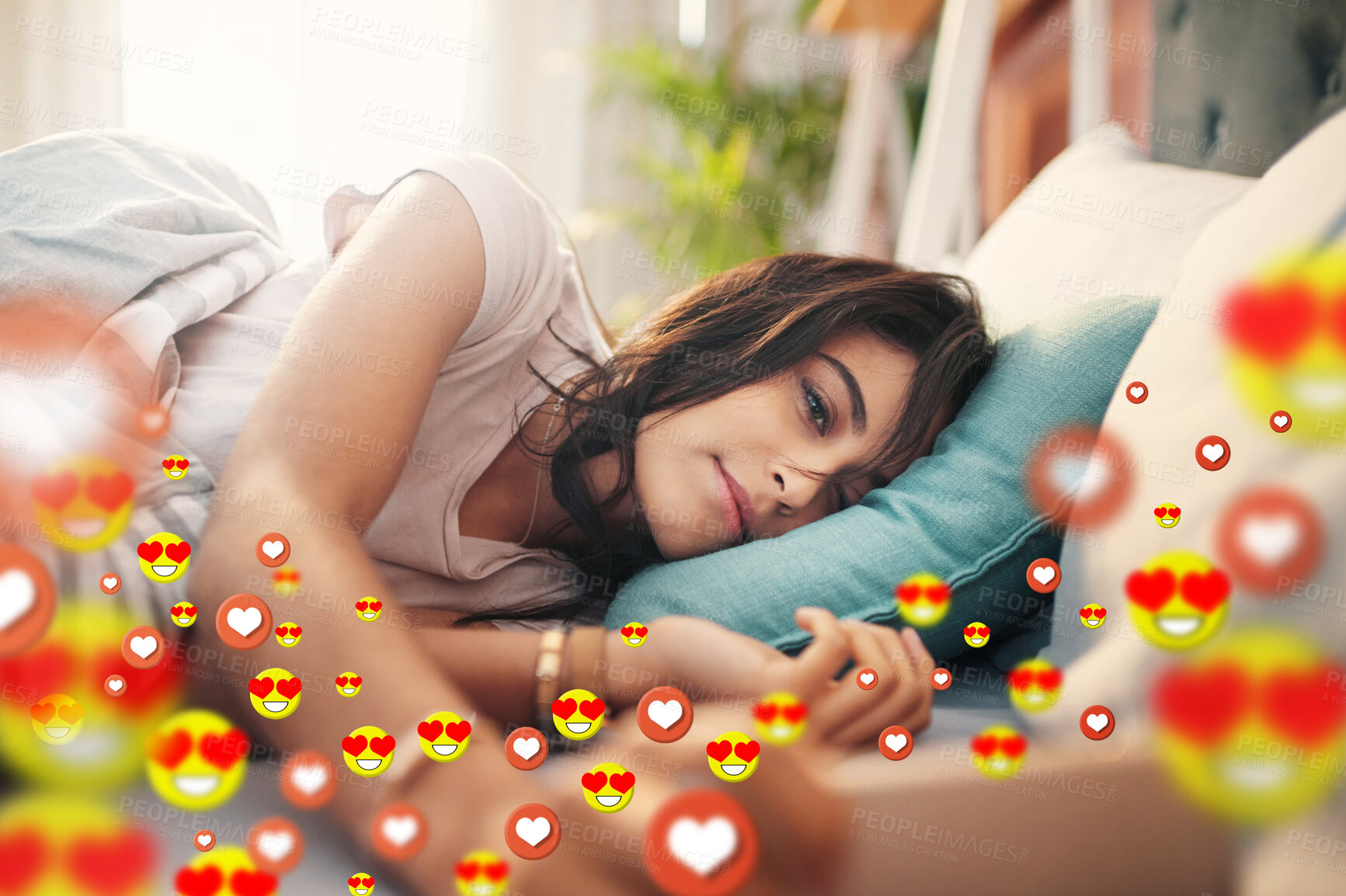 Buy stock photo Bed, love emoji or girl with a phone for communication, social media texting for online dating. Morning, graphic overlay or relaxed woman on mobile app website or digital network with heart emoticons