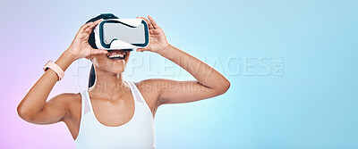 Buy stock photo VR, glasses and happy woman isolated on studio, gradient background metaverse, high tech and digital world mockup. Virtual reality, wow and vision of person with 3d user experience, software and neon