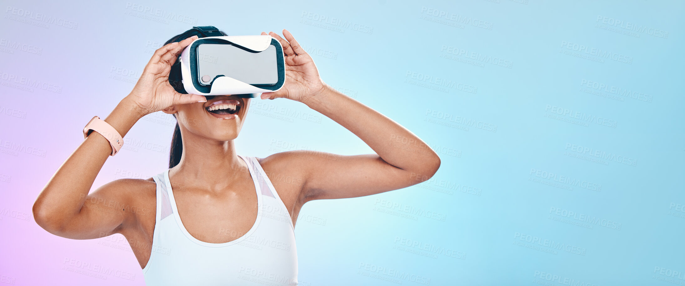 Buy stock photo VR, glasses and happy woman isolated on studio, gradient background metaverse, high tech and digital world mockup. Virtual reality, wow and vision of person with 3d user experience, software and neon