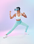 Fitness, VR glasses and woman isolated on gradient background for metaverse fight, gaming and sports training. Virtual reality, online vision and action 3d boxer or person body, workout competition