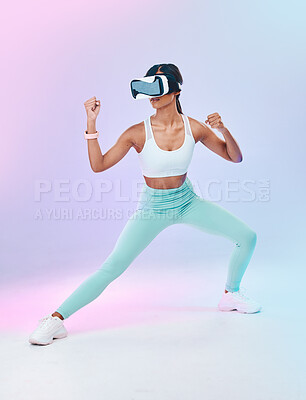 Buy stock photo Fitness, VR glasses and woman isolated on gradient background for metaverse fight, gaming and sports training. Virtual reality, online vision and action 3d boxer or person body, workout competition