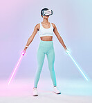 Metaverse, virtual reality glasses and woman with lightsaber, futuristic and player against studio background. Female gamer, person or confident girl with vr eyewear, fantasy weapons and laser saber
