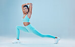 Fitness, portrait and sports with a woman stretching in studio on a gray background for health or wellness. Exercise, warm up and space with a female athlete training for a healthy body or lifestyle