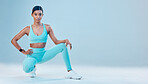 Fitness, focus and space with a sports woman in studio on a gray background for health or wellness. Exercise, mindset and mockup with a young female athlete training for a healthy body or lifestyle