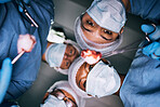 Medical, surgery and pov of doctors in operating room for emergency, healthcare and teamwork. Insurance, medicine and treatment with group of people for injury, surgeon and operation from bottom