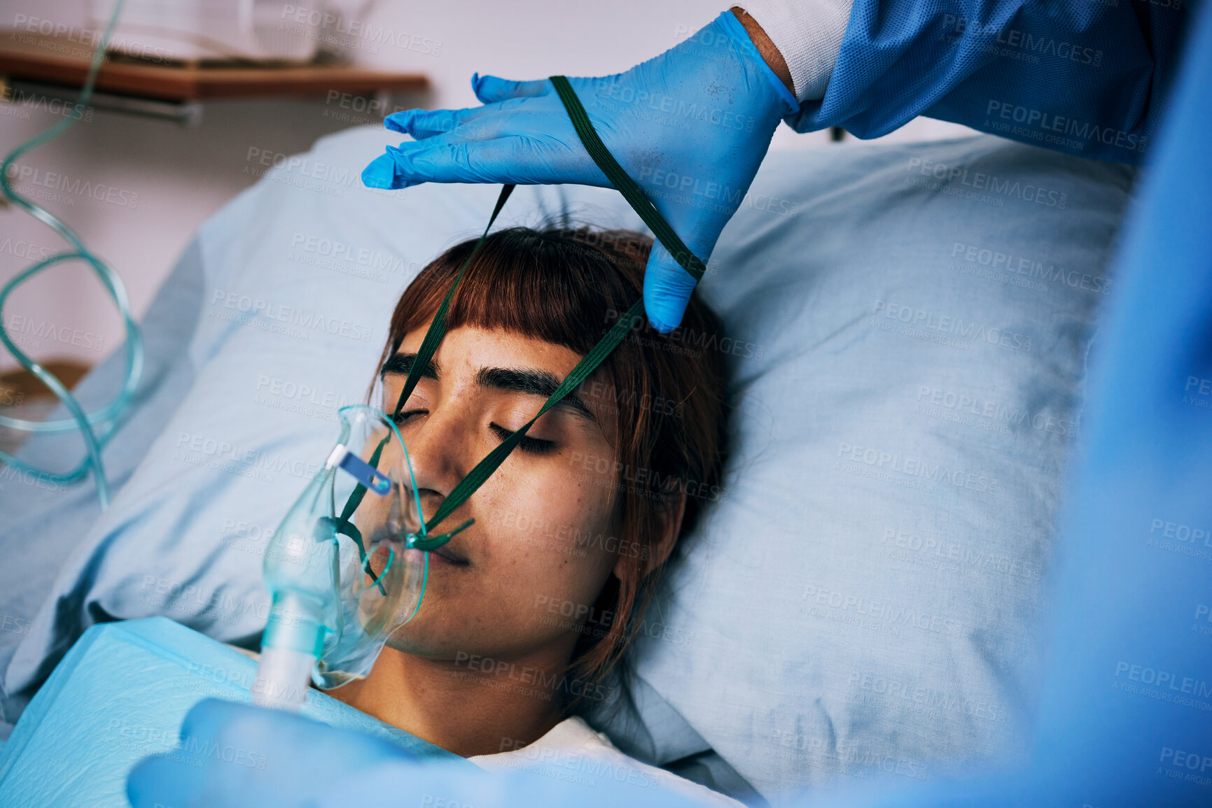 Buy stock photo Recovery, patient and woman in bed, oxygen and healthcare problem with breathing issue, anesthesia and sick. Female person, lady and model with medical equipment, disease and illness in clinic