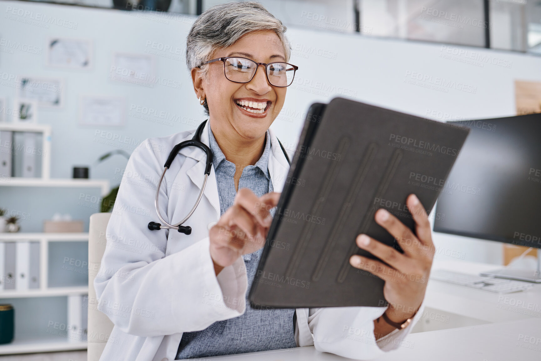 Buy stock photo Senior doctor, happy woman with tablet and digital medical results with hospital schedule and healthcare information online. Female physician, health insurance and professional in medicine with tech