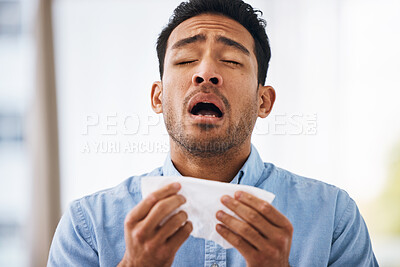 Buy stock photo Sick, sneeze and man with a tissue, allergies and sickness with symptoms, cold and illness. Male model, person and guy with congested with sinuses, toilet paper for nose and fever with health issue