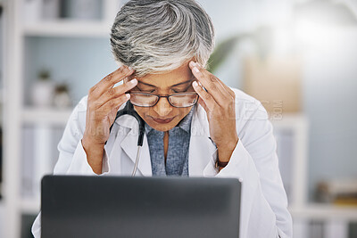 Buy stock photo Woman doctor, laptop and headache or stress from burnout in hospital office while working. Medical professional female with anxiety, mental health problem and depression from healthcare results