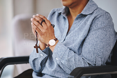 Buy stock photo Praying hands, rosary and woman in a wheelchair in prayer, worship and praise closeup. God, pray and female asking, hope and relief of disability, thankful and gratitude to Jesus, faith and guidance