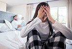 Couple, divorce or fight in bedroom infertility, argument or disagreement in toxic relationship at home. Frustrated woman in unhappy marriage, cheating man or conflict on bed after breakup indoors