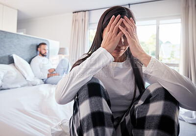 Buy stock photo Couple, divorce or fight in bedroom depression, argument or disagreement in toxic relationship at home. Frustrated woman in unhappy marriage, cheating man or conflict on bed after breakup indoors