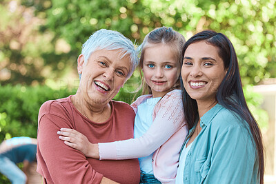 Buy stock photo Family, women and portrait in a garden with love, hug and happy while bonding outdoors. Face, smile and girl with mother and grandmother in a park, embrace and enjoying the weekend outside together