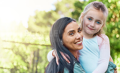 Buy stock photo Portrait, outdoor and mother with girl, adoption and happiness on break, bonding and quality time. Face, mama and daughter embrace, hug and smile with joy, adopted and foster mom with female child