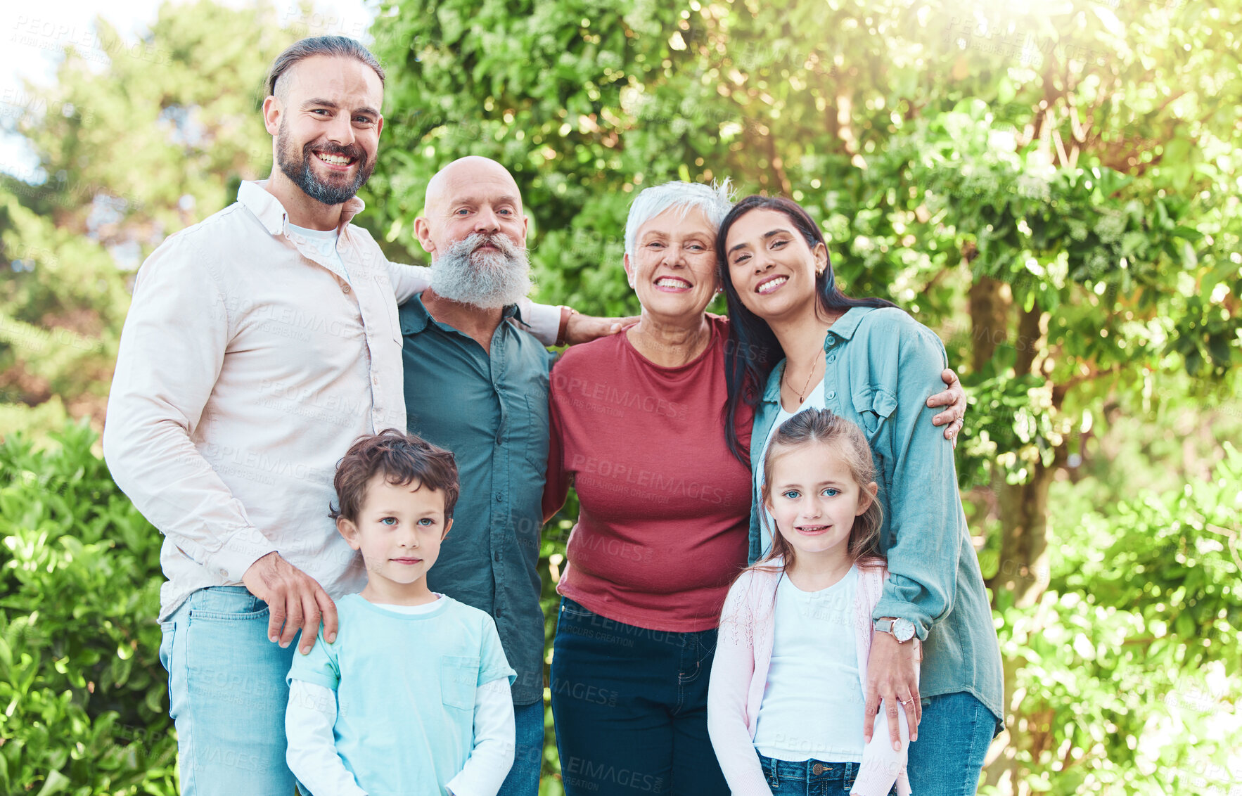 Buy stock photo Family is outdoor, smile in portrait with generations, happiness with grandparents, parents and kids in garden. Happy people together, summer holiday and bonding with love, care and support in nature