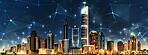 Big data, network and cyber with city at night for connection, wireless and cloud computing. Technology abstract, communication and futuristic with skyline of urban town for internet, media and light