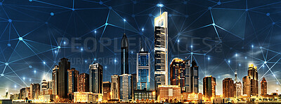Buy stock photo Big data, network and cyber with city at night for connection, wireless and cloud computing. Technology abstract, communication and futuristic with skyline of urban town for internet, media and light