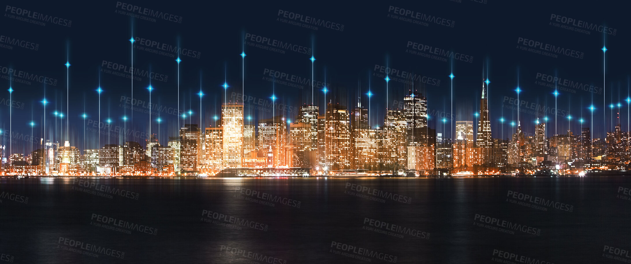 Buy stock photo City, night and skyline by water with tech, network or light overlay for connection, iot or mockup space. Dark metro, cbd and skyscraper by ocean for development, infrastructure or futuristic mock up
