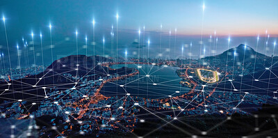 Buy stock photo City, landscape and overlay in night for network, connectivity or iot infrastructure development in Cape Town. Metro, cbd and skyline with 3d holographic for cloud computing, connection or innovation