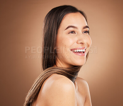 Buy stock photo Hair, beauty and face of woman in studio for wellness, hairstyle treatment and health on brown background. Salon aesthetic, luxury glow and happy girl with cosmetics, keratin growth and natural style