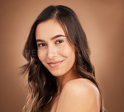 Buy stock photo Portrait, beauty and woman in studio for body care, wellness and cosmetics on brown background. Face, relax and female skincare model smile for luxury pamper, self love and grooming routine isolated