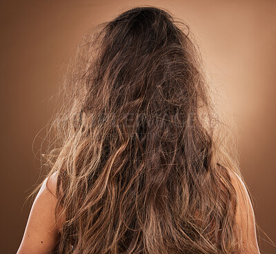 Buy stock photo Back, hair and frizzy with a woman in studio on a brown background for haircare or salon treatment. Repair, damaged and messy with a female at the hairdresser for keratin restoration or remedy