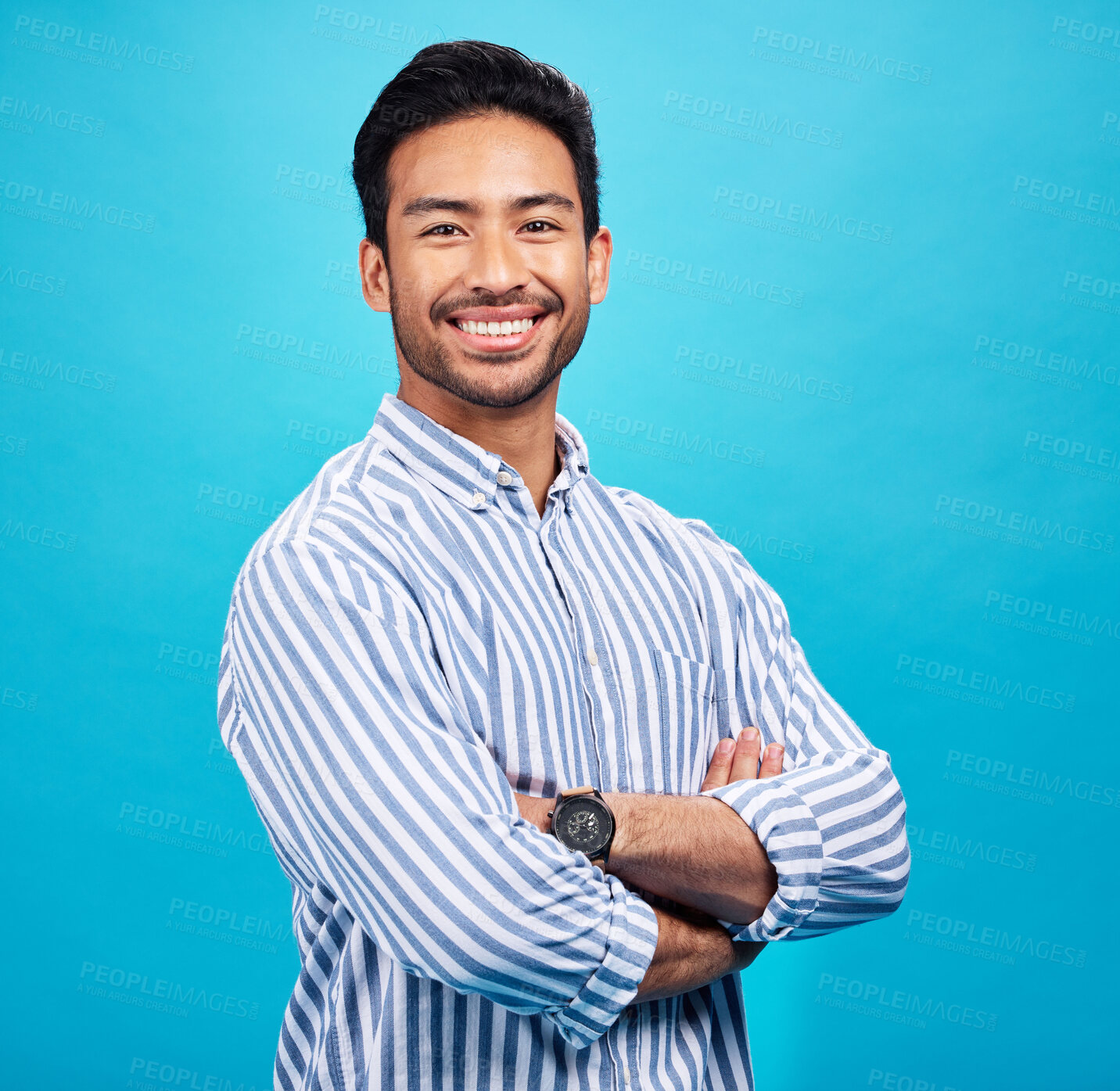 Buy stock photo Portrait of happy man in shirt, blue background and positive attitude with smile on face isolated on studio backdrop. Confidence, happiness and professional male model with pride and mockup space.