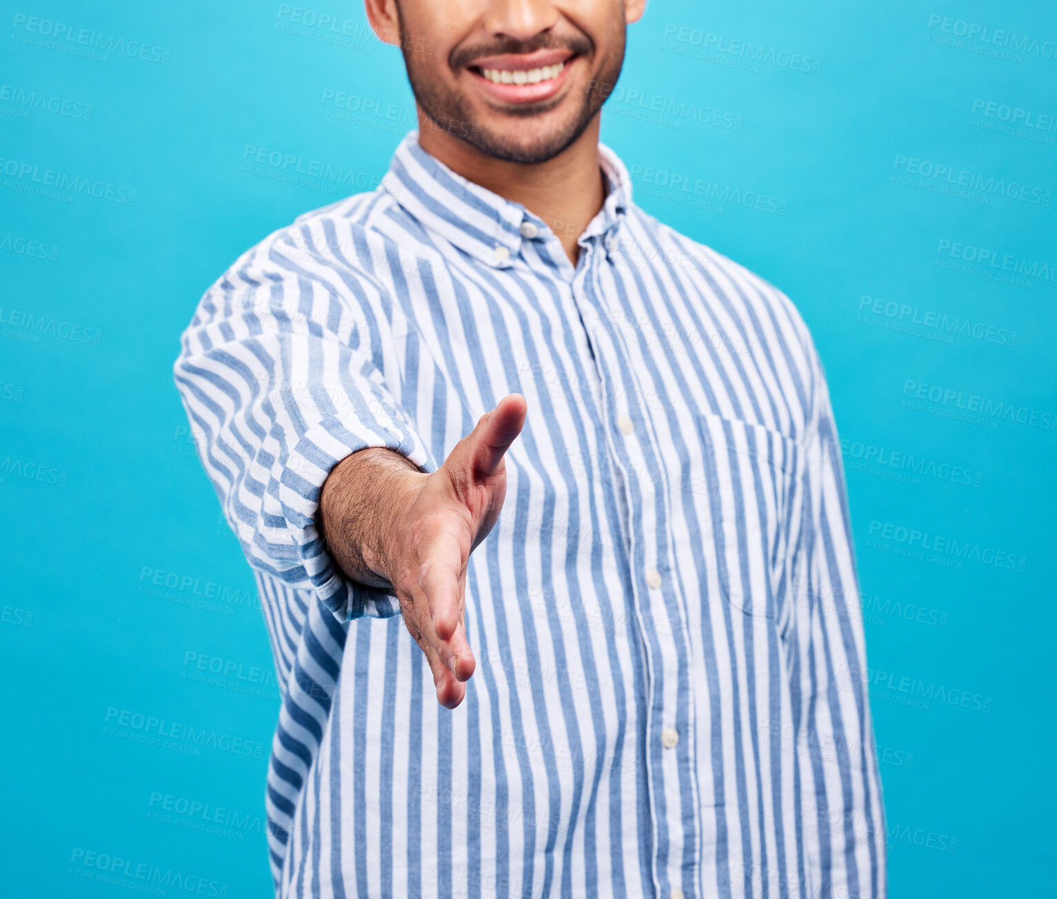 Buy stock photo Handshake, interview and hand of businessman on blue background for thank you, welcome and deal. Recruitment, hiring sign and male person shaking hands for opportunity, agreement or studio onboarding